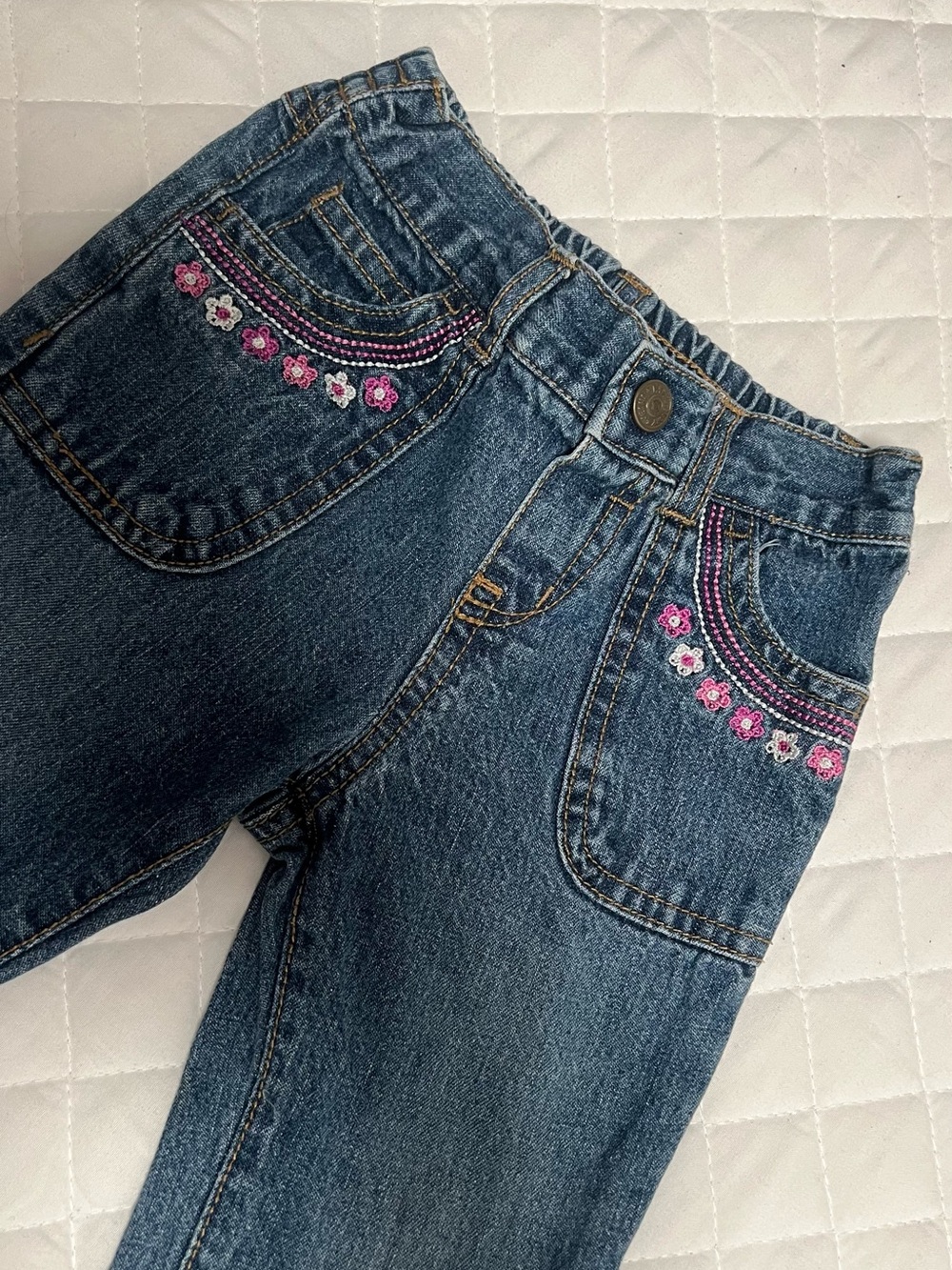 Y2K Faded Glory Dark Blue Denim Jeans with Pink Floral Embroidery